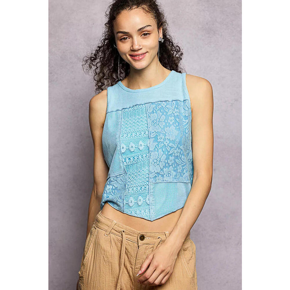 POL Ribbed Round Neck Cropped Tank with Lace Detail